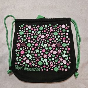 Girl Scouts Drawstring Bag Black Canvas Pink Green Floral‎ Stars Print Washable